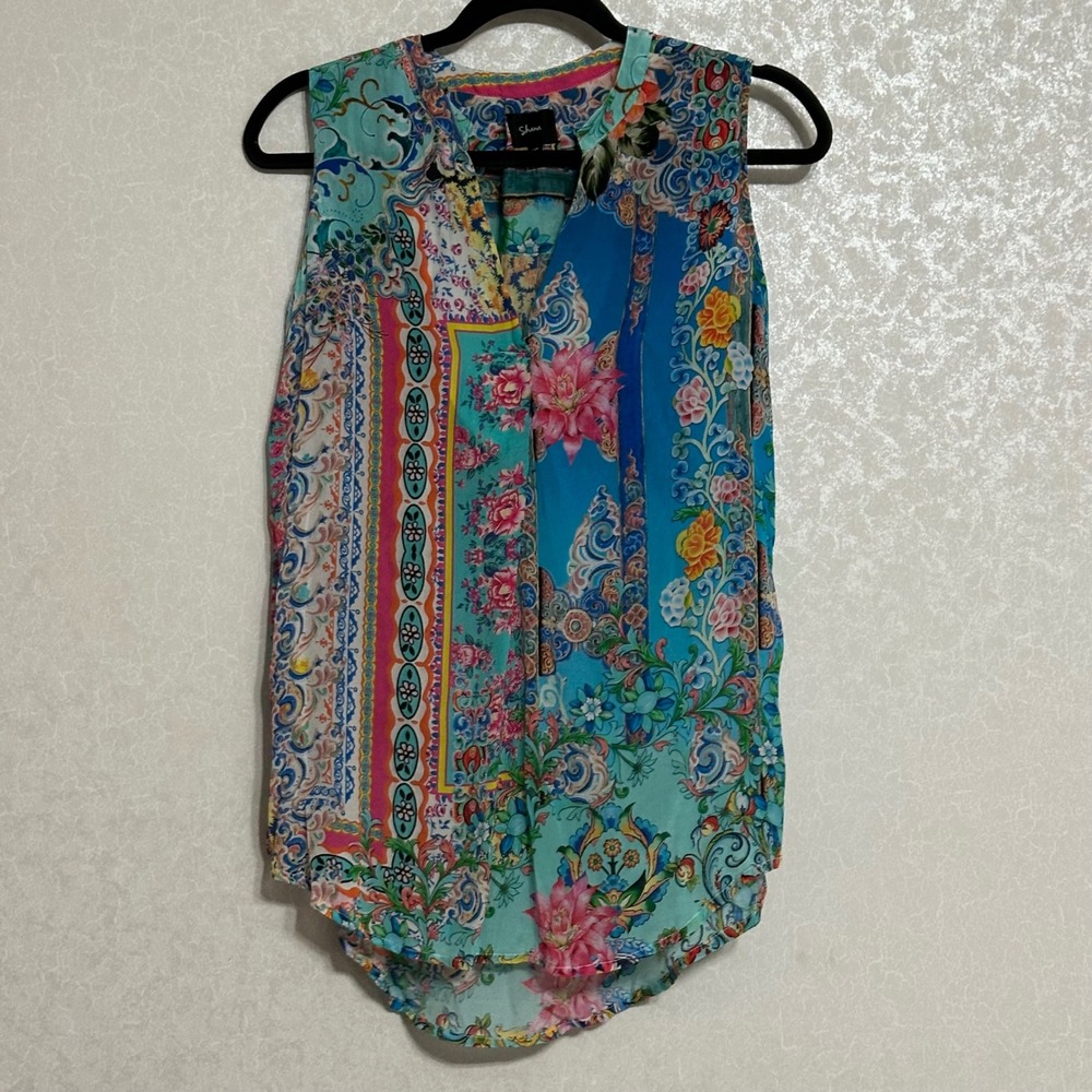 Shana Mixed Floral Paisley Patchwork Sleeveless Blouse Viscose Silk Teal Blue XS